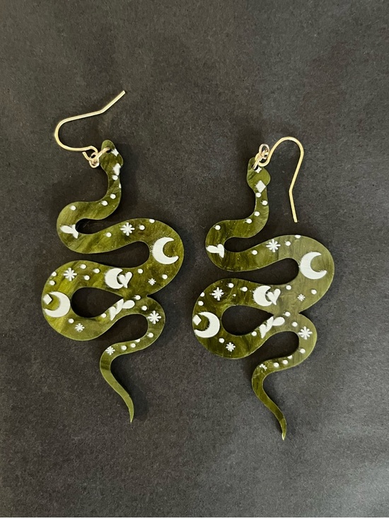 Jewelry - Green Plastic Snake Earrings with Gold Plated Hooks